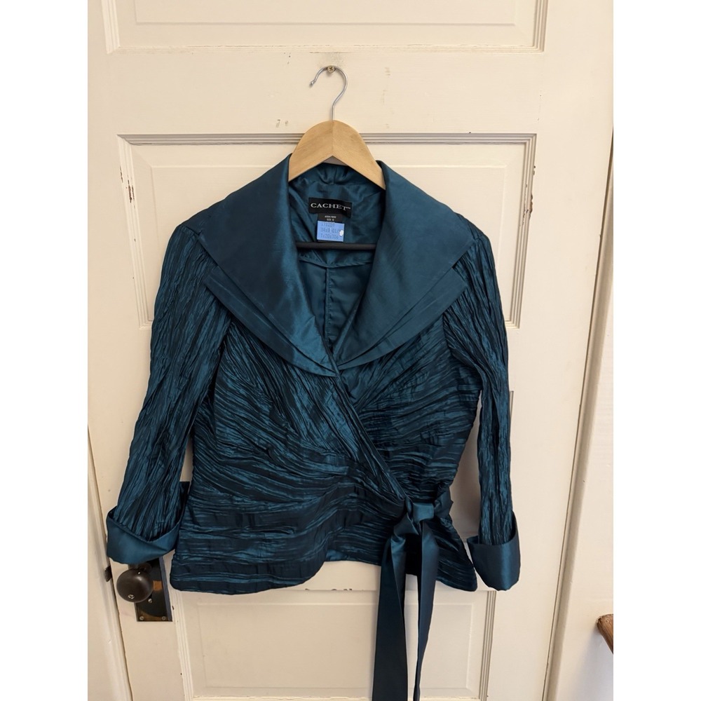 Cachet Women's Green Collared Formal Top Jacket Pleated Bow Size 12